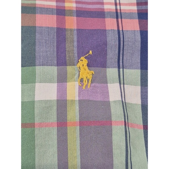 Ralph Lauren Custom Fit Button Down Shirt‎ Mens Medium Blue Plaid Short Sleeve - Picture 5 of 8